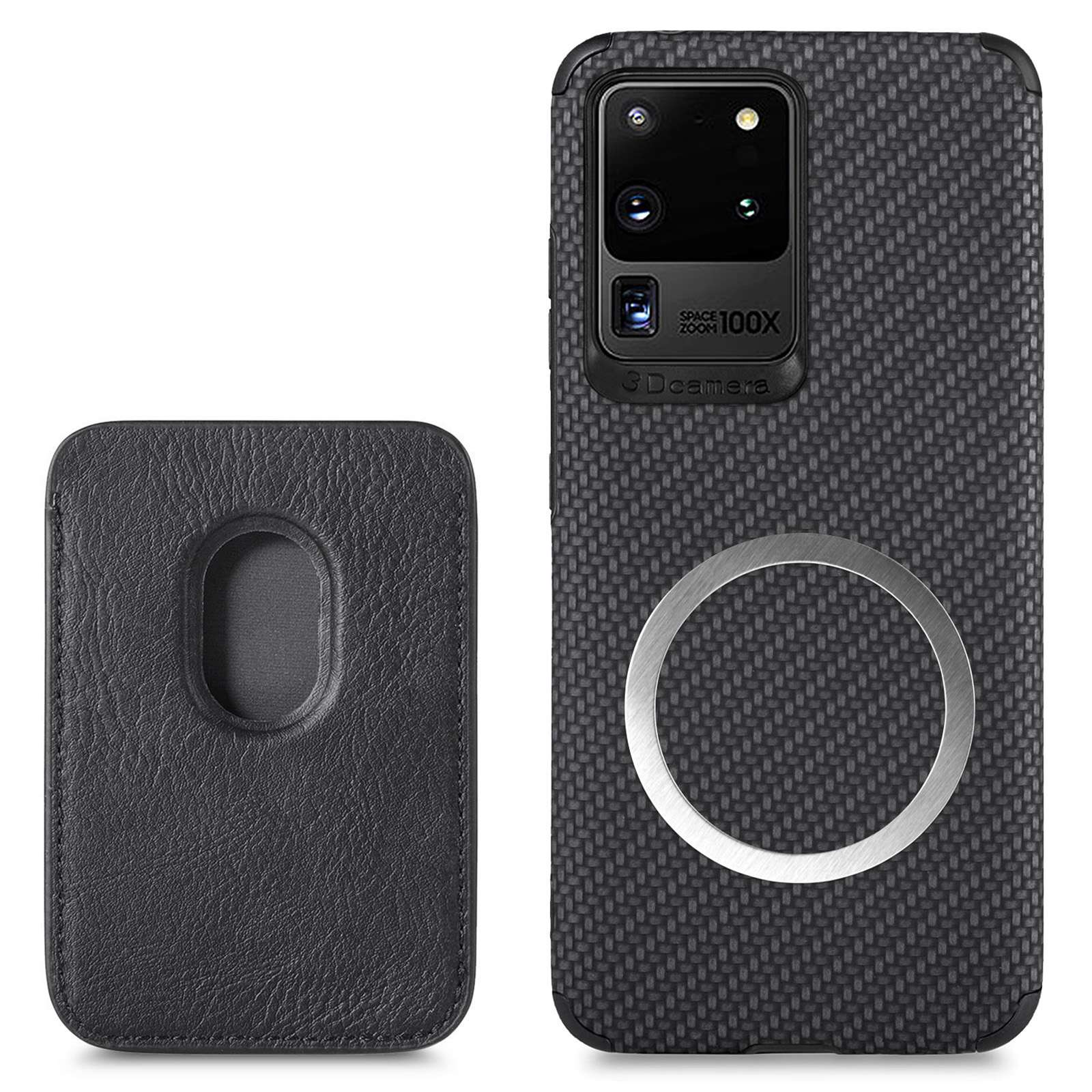 For Samsung Galaxy S20 Ultra 4G / 5G Carbon Fiber Texture 2-in-1 Detachable Back Case PU Leather + TPU + PVC Magnetic Cover with Card Holder - Black