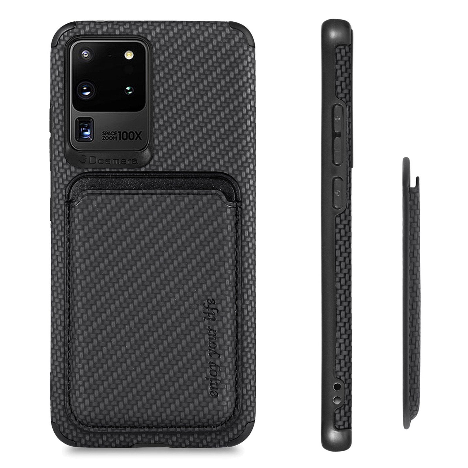 For Samsung Galaxy S20 Ultra 4G / 5G Carbon Fiber Texture 2-in-1 Detachable Back Case PU Leather + TPU + PVC Magnetic Cover with Card Holder - Black