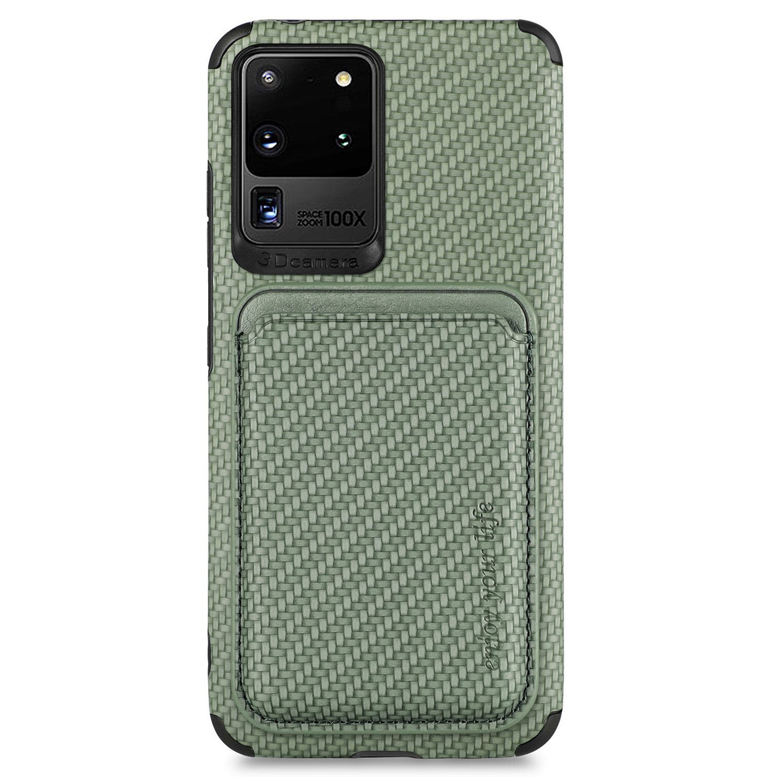 For Samsung Galaxy S20 Ultra 4G / 5G Carbon Fiber Texture 2-in-1 Detachable Back Case PU Leather + TPU + PVC Magnetic Cover with Card Holder - Green