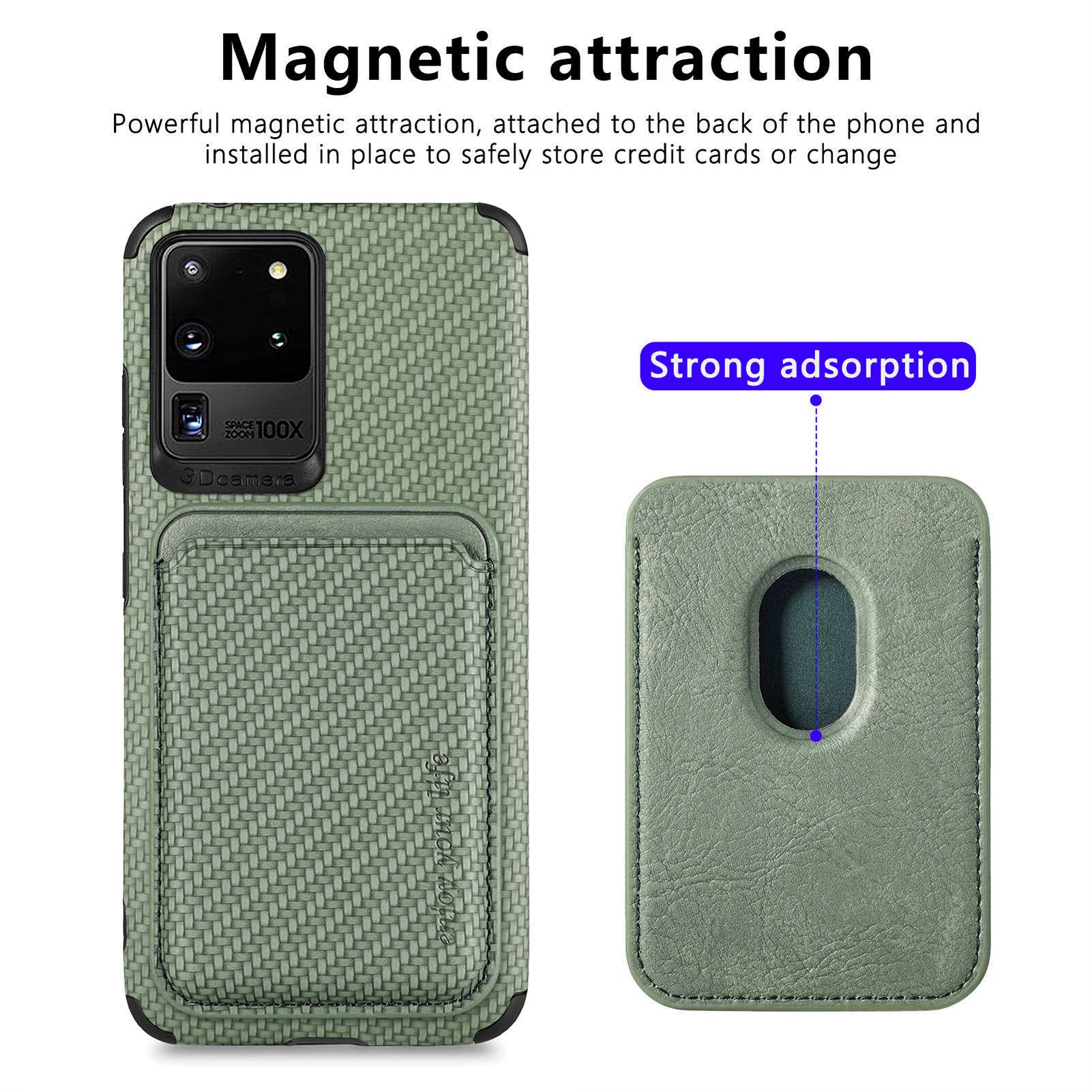 For Samsung Galaxy S20 Ultra 4G / 5G Carbon Fiber Texture 2-in-1 Detachable Back Case PU Leather + TPU + PVC Magnetic Cover with Card Holder - Green