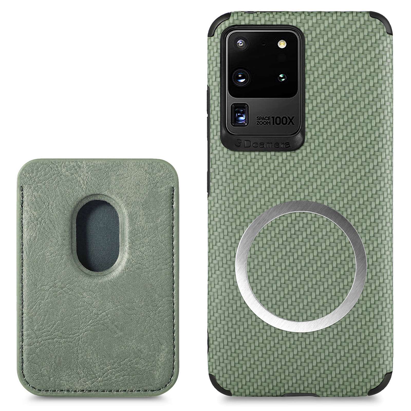 For Samsung Galaxy S20 Ultra 4G / 5G Carbon Fiber Texture 2-in-1 Detachable Back Case PU Leather + TPU + PVC Magnetic Cover with Card Holder - Green