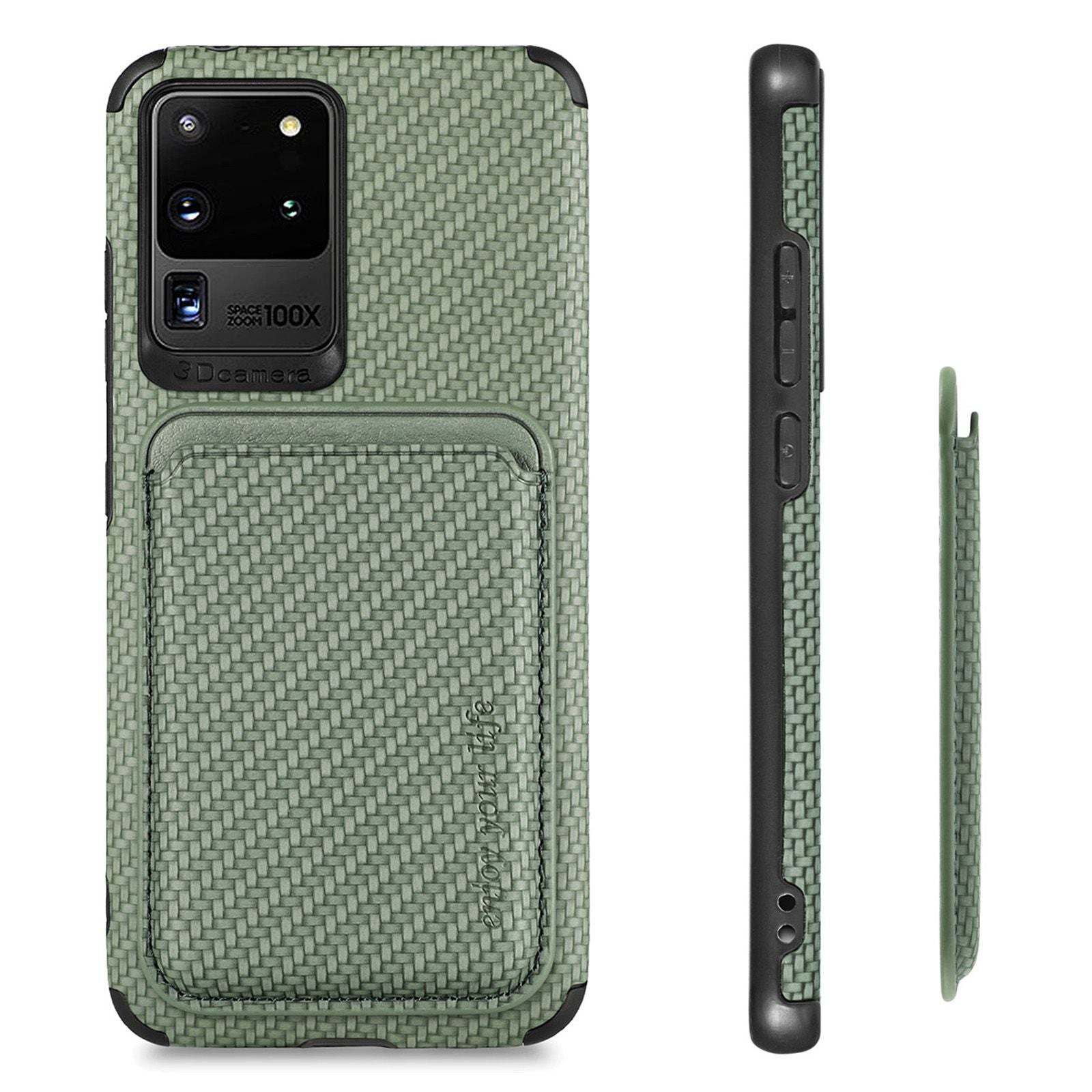 For Samsung Galaxy S20 Ultra 4G / 5G Carbon Fiber Texture 2-in-1 Detachable Back Case PU Leather + TPU + PVC Magnetic Cover with Card Holder - Green