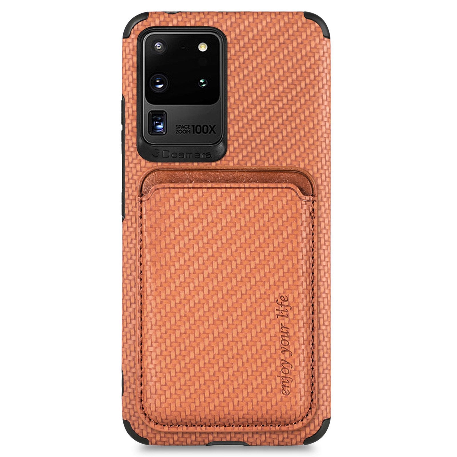 For Samsung Galaxy S20 Ultra 4G / 5G Carbon Fiber Texture 2-in-1 Detachable Back Case PU Leather + TPU + PVC Magnetic Cover with Card Holder - Brown