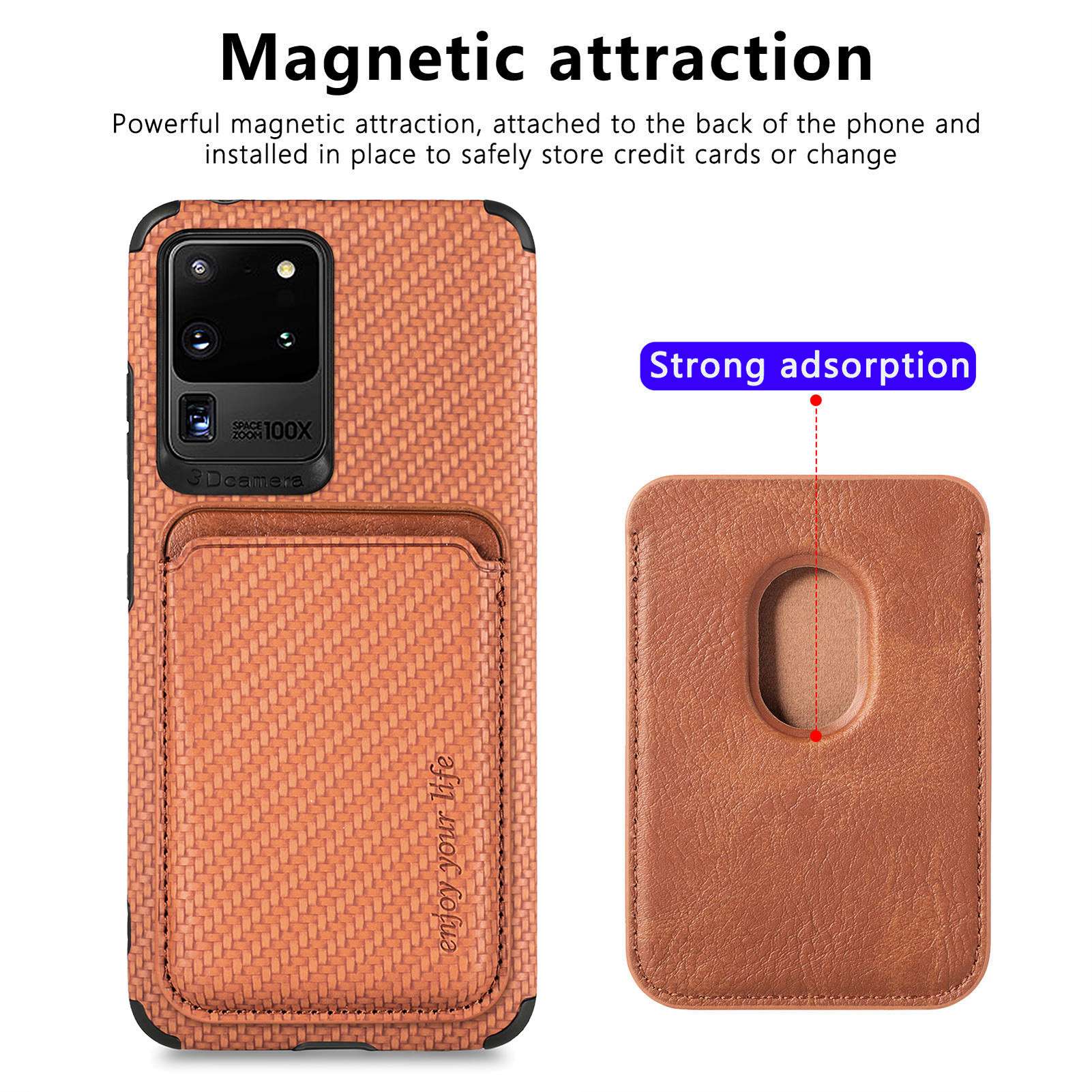 For Samsung Galaxy S20 Ultra 4G / 5G Carbon Fiber Texture 2-in-1 Detachable Back Case PU Leather + TPU + PVC Magnetic Cover with Card Holder - Brown