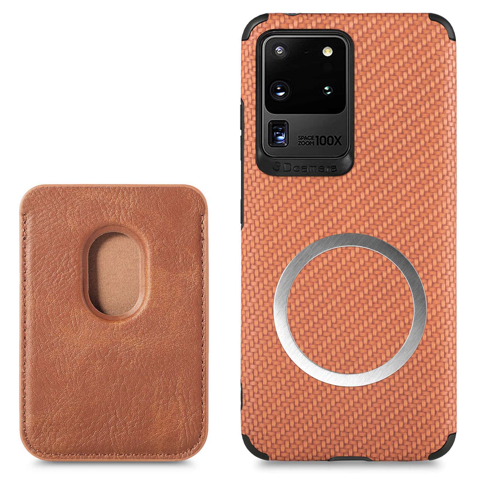 For Samsung Galaxy S20 Ultra 4G / 5G Carbon Fiber Texture 2-in-1 Detachable Back Case PU Leather + TPU + PVC Magnetic Cover with Card Holder - Brown