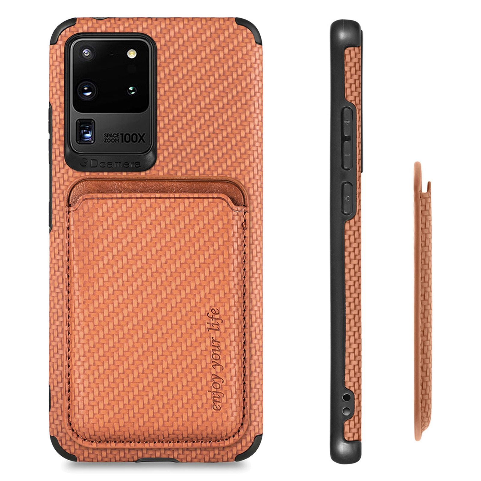 For Samsung Galaxy S20 Ultra 4G / 5G Carbon Fiber Texture 2-in-1 Detachable Back Case PU Leather + TPU + PVC Magnetic Cover with Card Holder - Brown