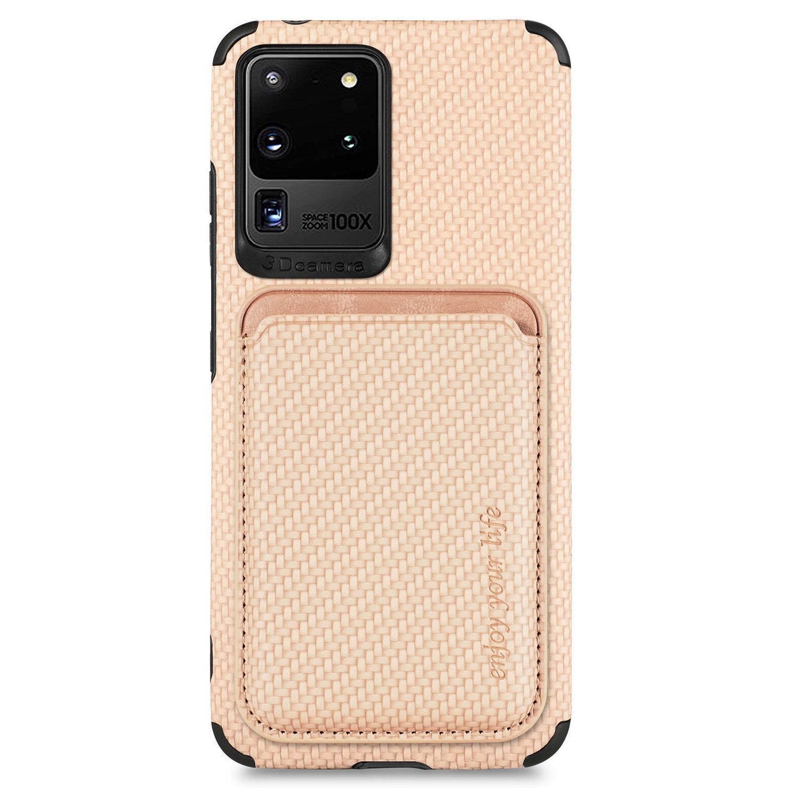 For Samsung Galaxy S20 Ultra 4G / 5G Carbon Fiber Texture 2-in-1 Detachable Back Case PU Leather + TPU + PVC Magnetic Cover with Card Holder - Khaki