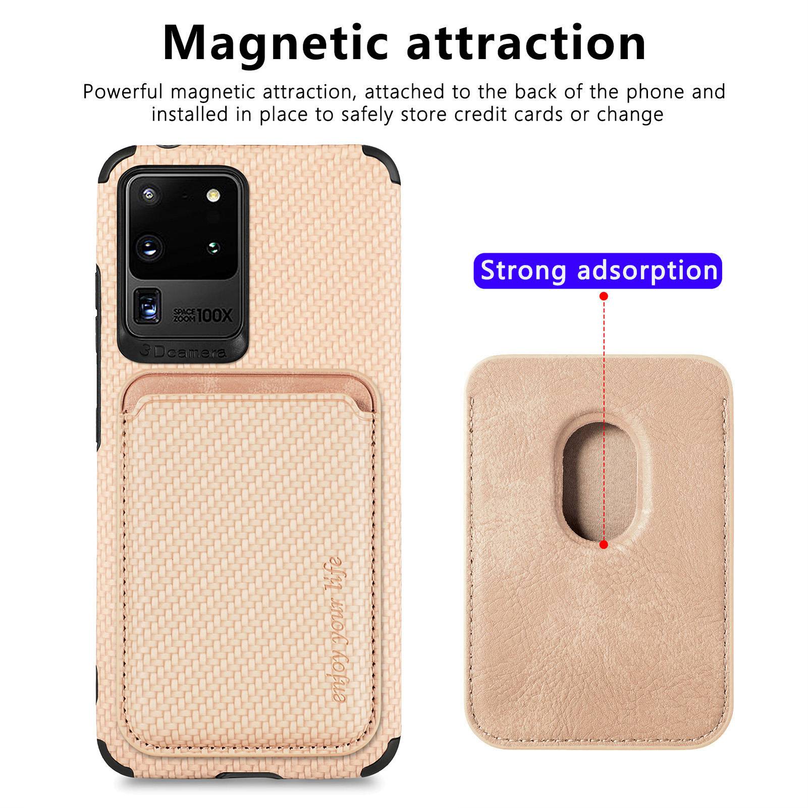 For Samsung Galaxy S20 Ultra 4G / 5G Carbon Fiber Texture 2-in-1 Detachable Back Case PU Leather + TPU + PVC Magnetic Cover with Card Holder - Khaki