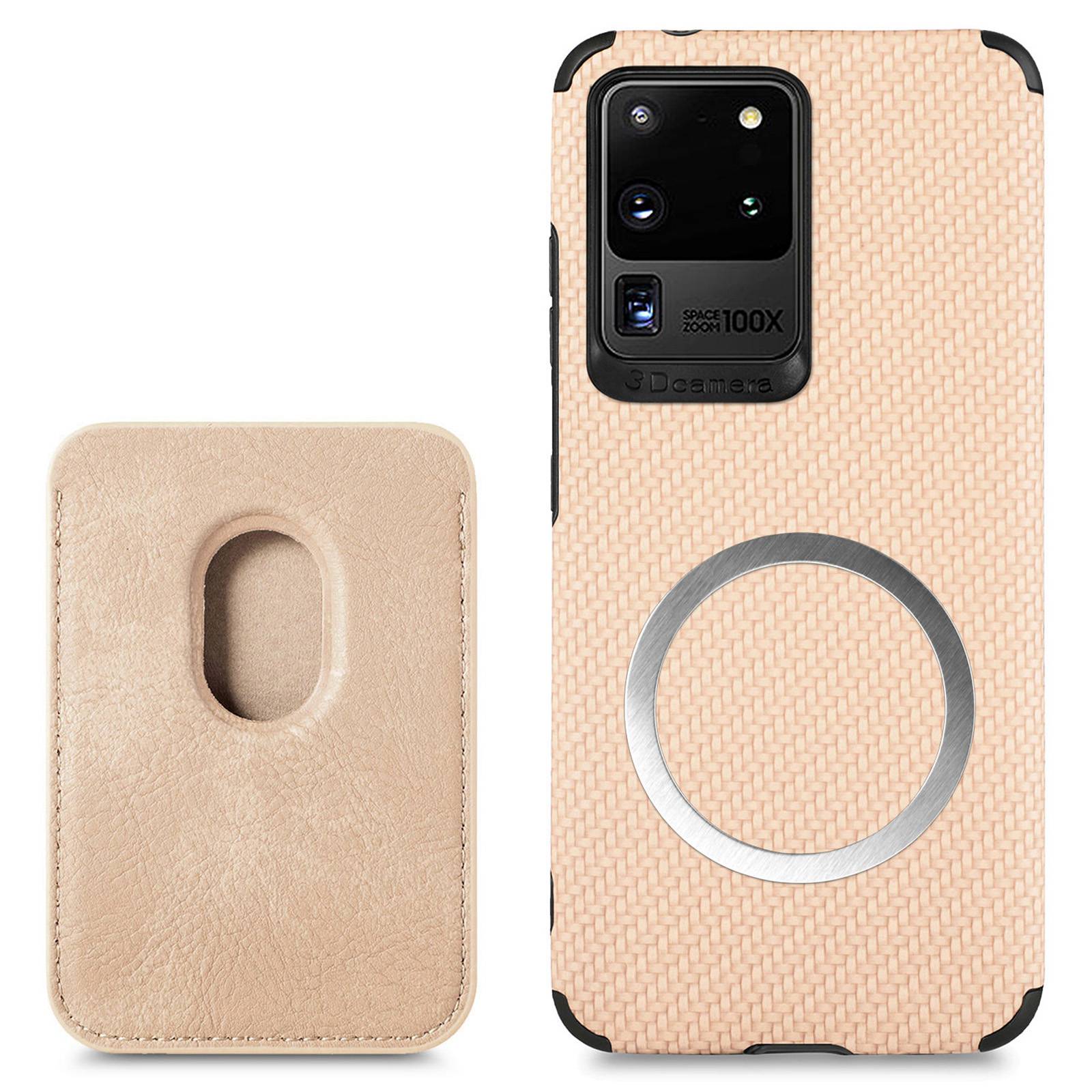 For Samsung Galaxy S20 Ultra 4G / 5G Carbon Fiber Texture 2-in-1 Detachable Back Case PU Leather + TPU + PVC Magnetic Cover with Card Holder - Khaki