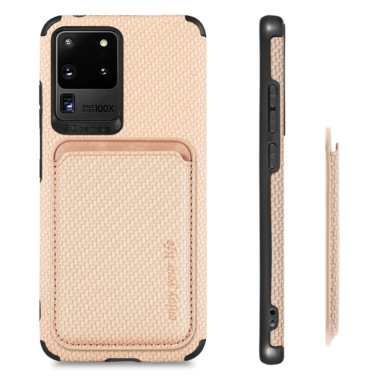 For Samsung Galaxy S20 Ultra 4G / 5G Carbon Fiber Texture 2-in-1 Detachable Back Case PU Leather + TPU + PVC Magnetic Cover with Card Holder - Khaki