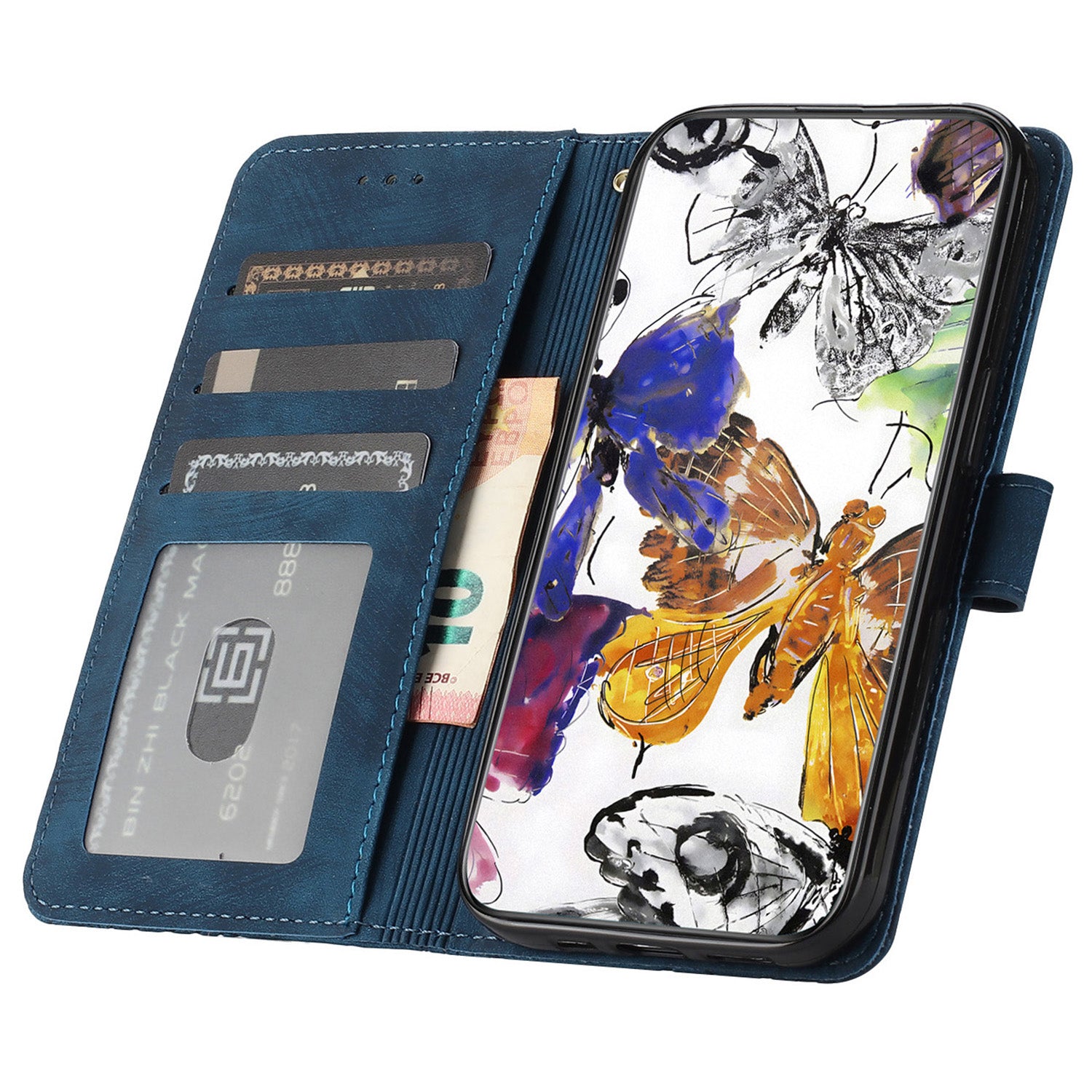 For Samsung Galaxy A16 5G / A16 4G Case Butterfly Design Flip Wallet Leather Phone Cover Skin-Touch - Blue