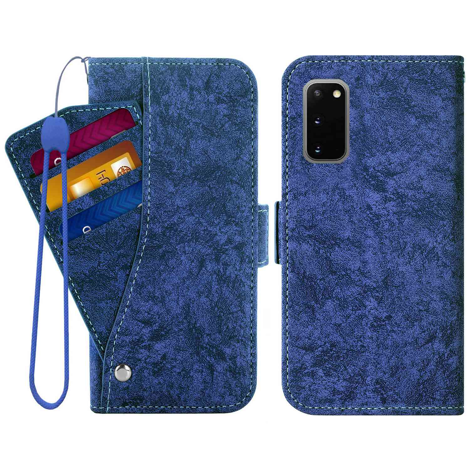 For Samsung Galaxy S20 4G / 5G Water-ink Painting Texture PU Leather Stand Cover Dual Magnetic Clasp Rotating Card Slots Wallet Case - Blue