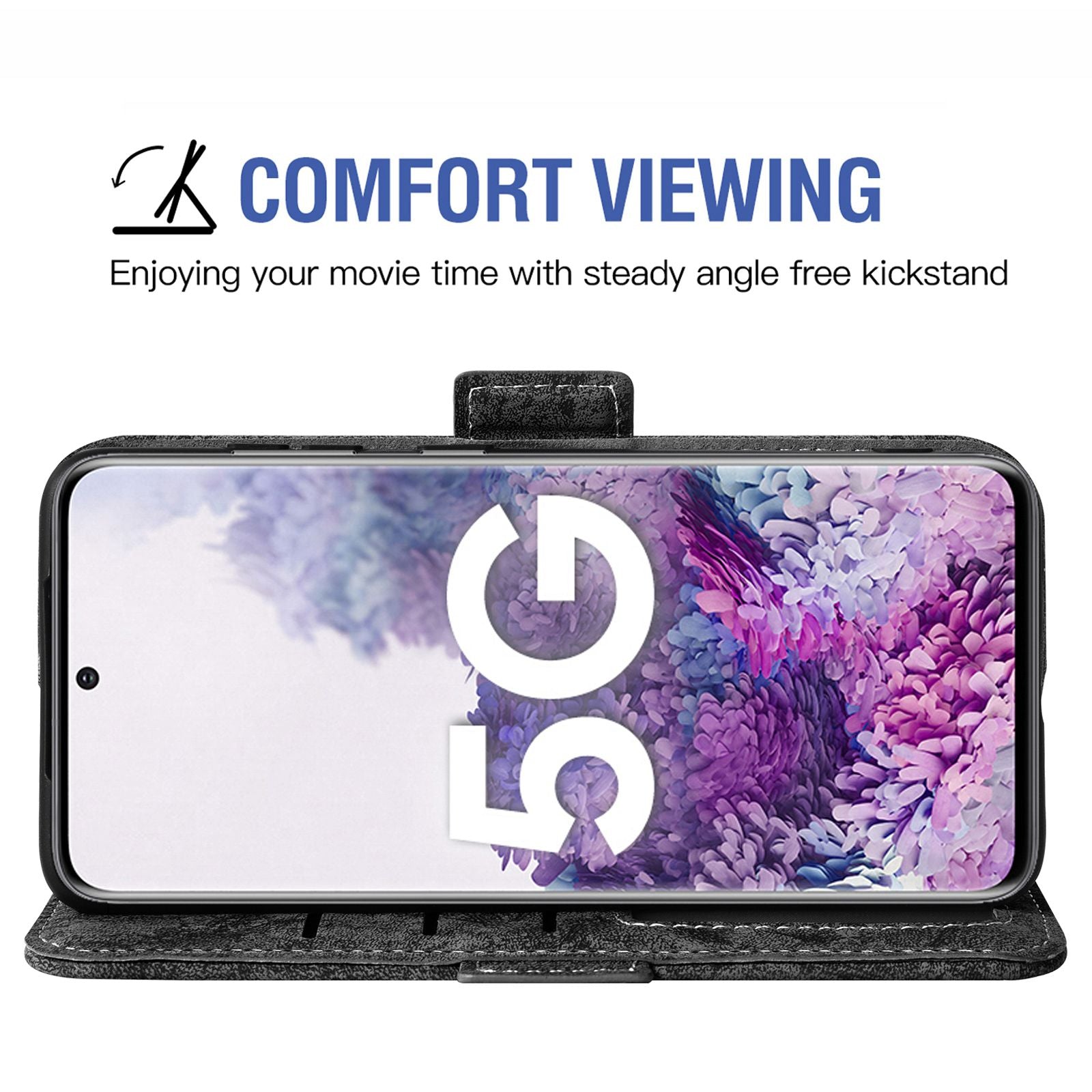 For Samsung Galaxy S20 4G/5G Water-ink Painting Texture PU Leather Stand Cover Dual Magnetic Clasp Rotating Card Slots Wallet Case - Black