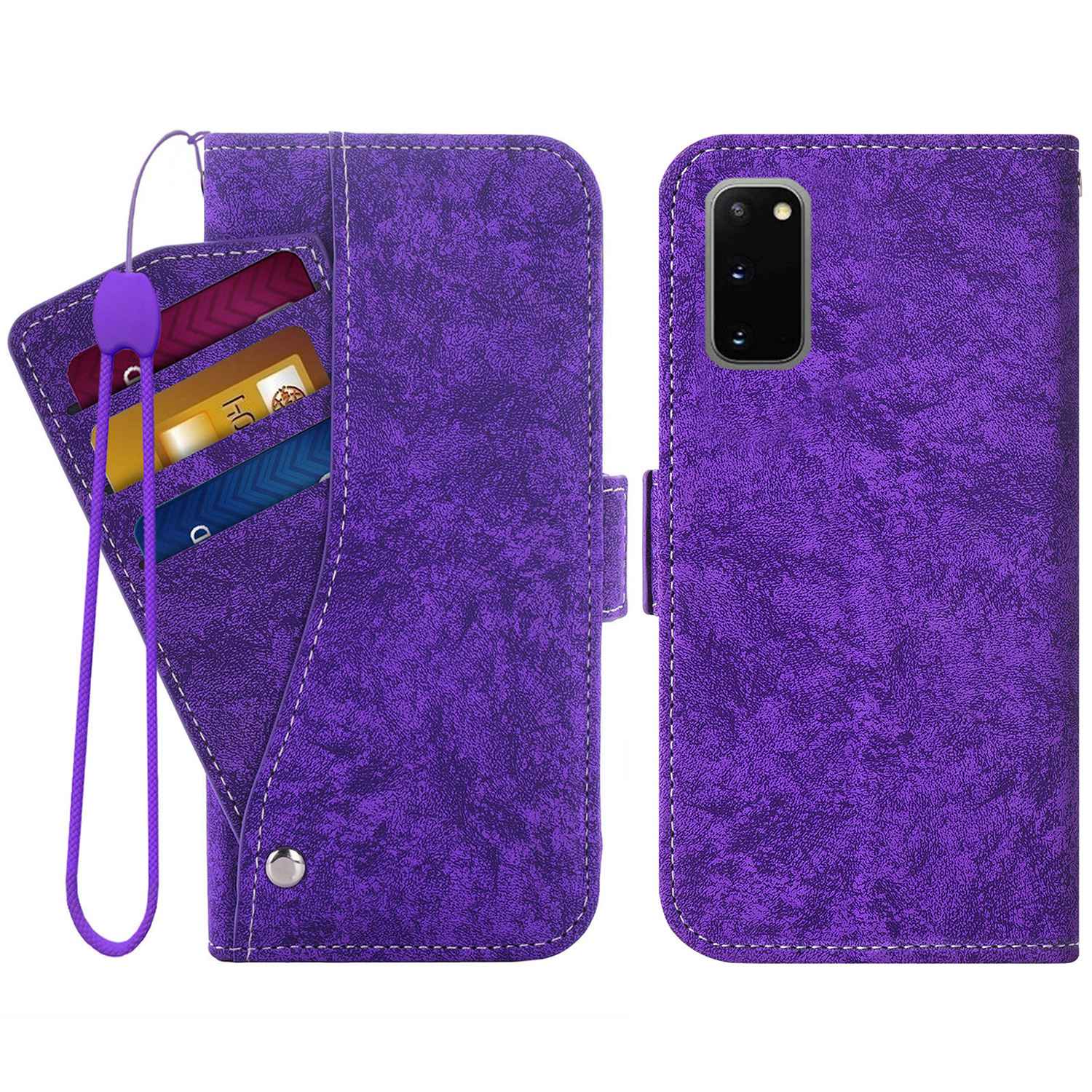 For Samsung Galaxy S20 4G/5G Water-ink Painting Texture PU Leather Stand Cover Dual Magnetic Clasp Rotating Card Slots Wallet Case - Purple