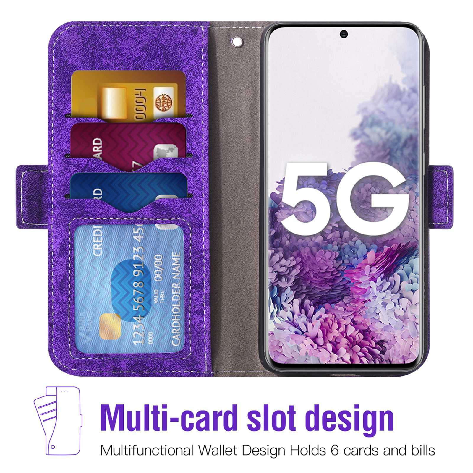 For Samsung Galaxy S20 4G/5G Water-ink Painting Texture PU Leather Stand Cover Dual Magnetic Clasp Rotating Card Slots Wallet Case - Purple