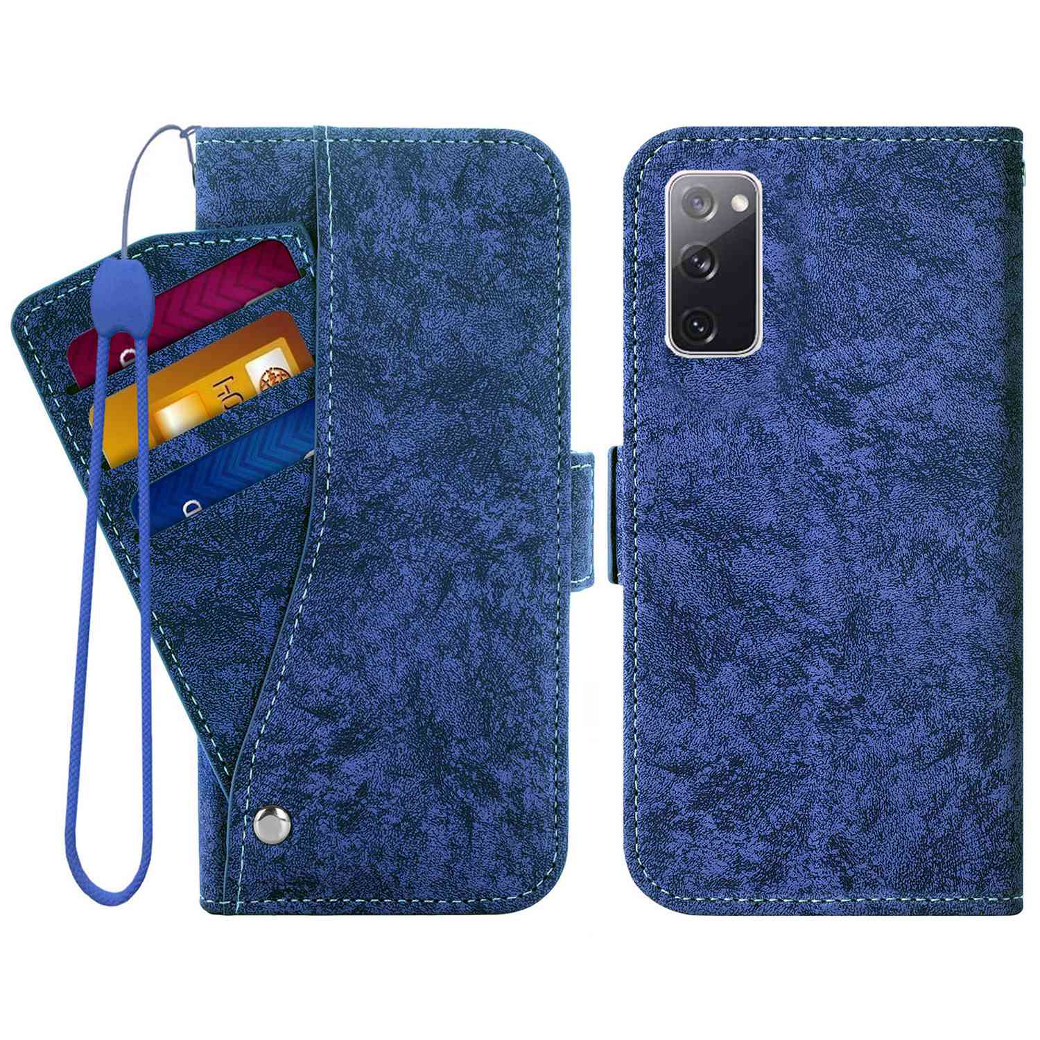 For Samsung Galaxy S20 FE 4G / FE 5G / S20 Lite / S20 FE 2022 PU Leather Rotating Card Slots Flip Cover Water-ink Painting Texture Stand Dual Magnetic Clasp Wallet Case - Blue