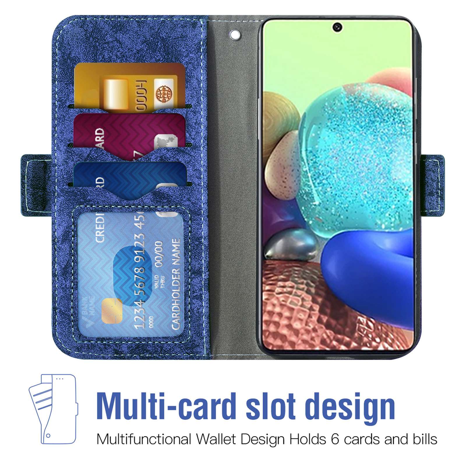 For Samsung Galaxy S20 FE 4G / FE 5G / S20 Lite / S20 FE 2022 PU Leather Rotating Card Slots Flip Cover Water-ink Painting Texture Stand Dual Magnetic Clasp Wallet Case - Blue