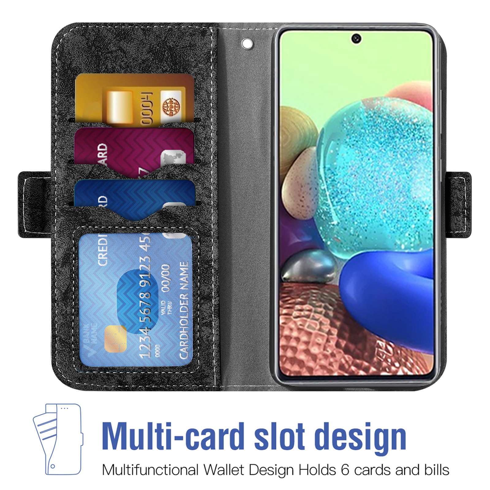 For Samsung Galaxy S20 FE 4G/FE 5G/S20 Lite/S20 FE 2022 PU Leather Rotating Card Slots Flip Cover Water-ink Painting Texture Stand Dual Magnetic Clasp Wallet Case - Black