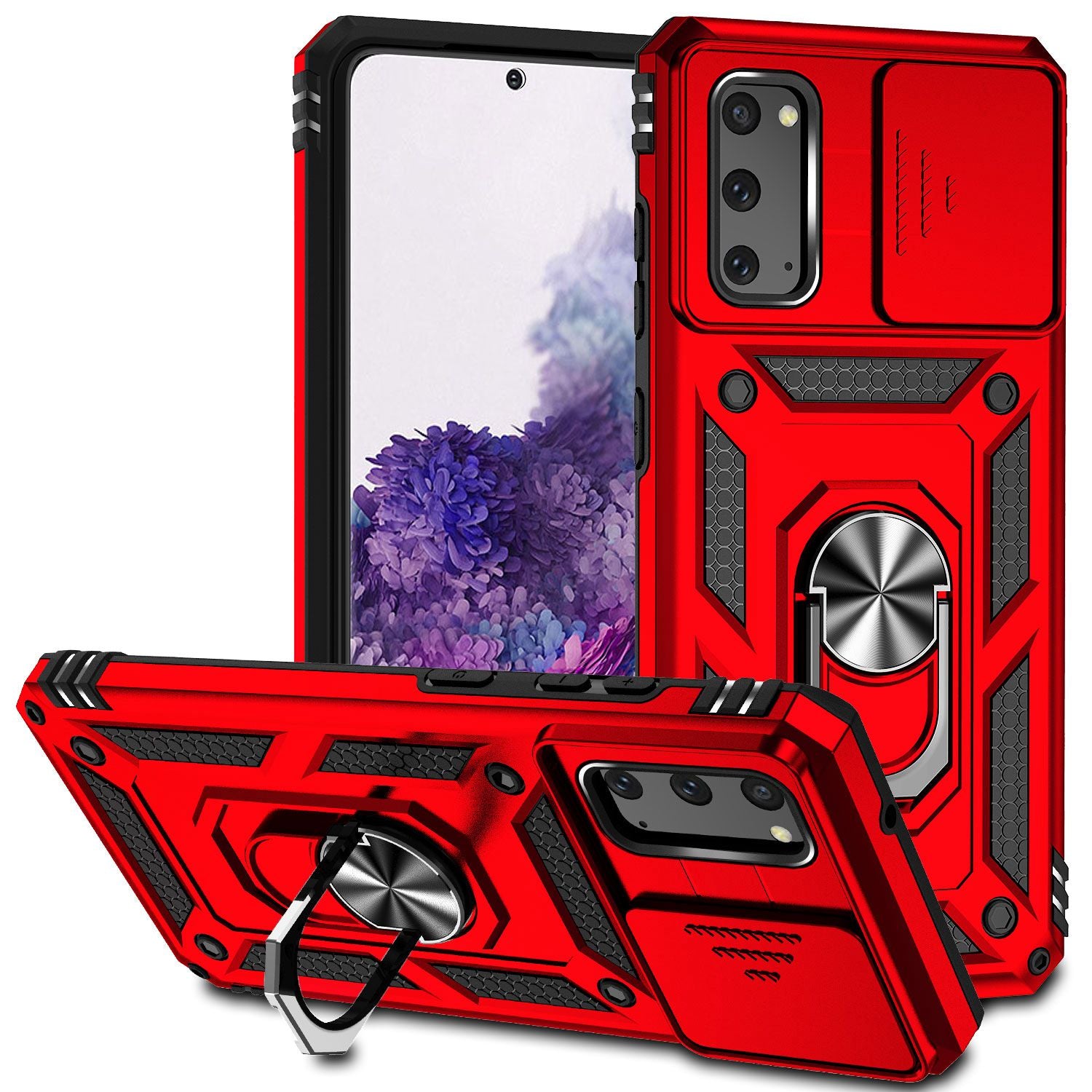 Metal Ring Kickstand Case for Samsung Galaxy S20 4G / 5G, Slide Camera Protection PC + TPU Dual Layer Phone Cover - Red