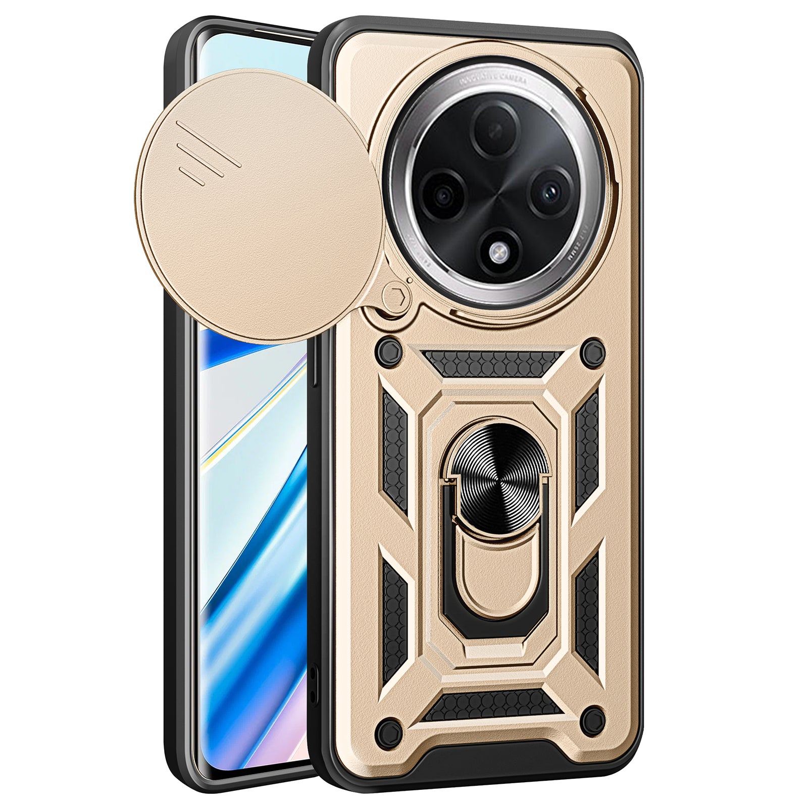 For Oppo F27 Pro 5G / F27 Pro+ 5G Case with Slide Camera Lid PC+TPU Kickstand Phone Cover - Gold