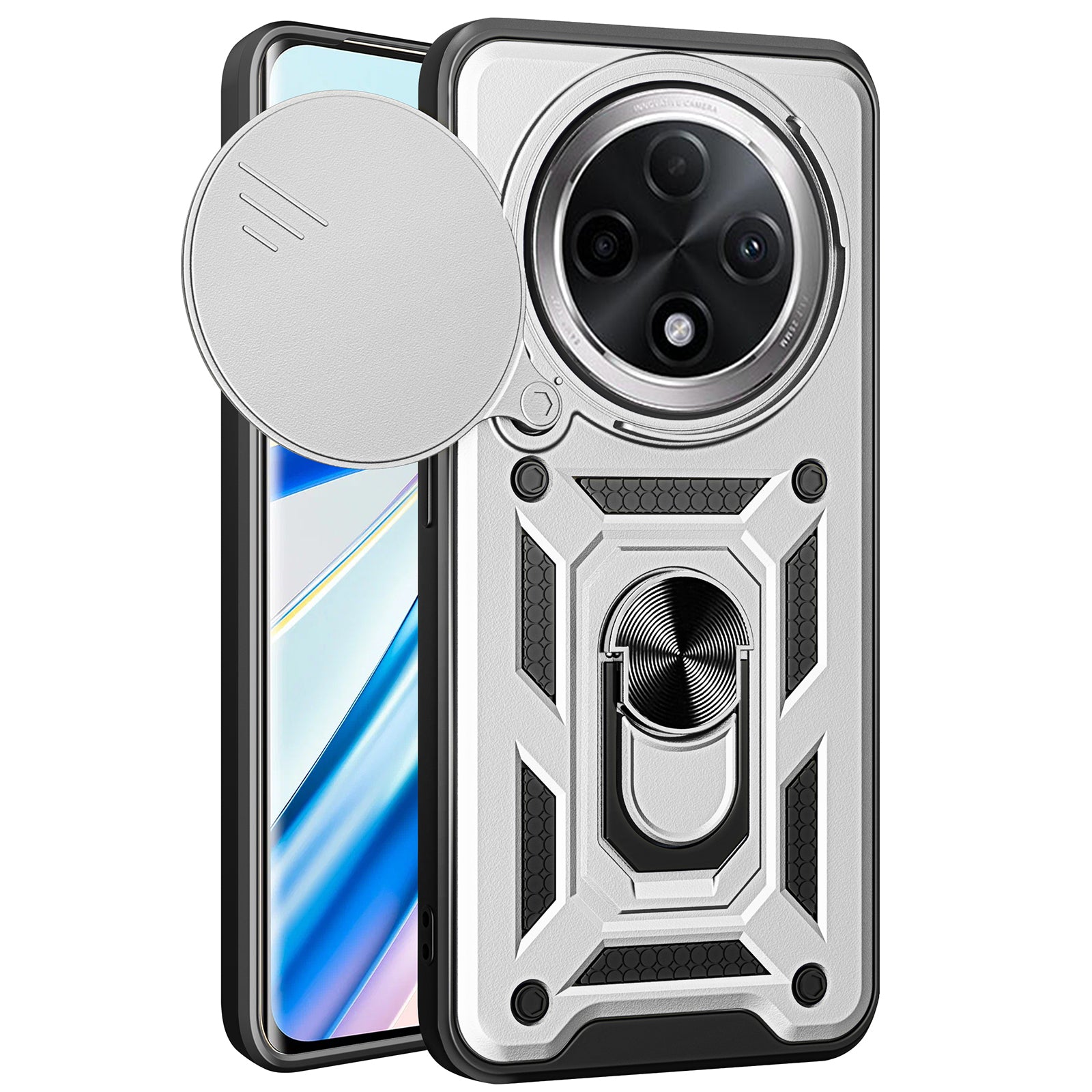 For Oppo F27 Pro 5G / F27 Pro+ 5G Case with Slide Camera Lid PC+TPU Kickstand Phone Cover - Silver