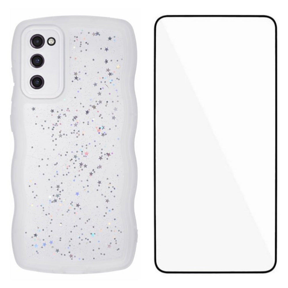 WANLONFENG JWT Series for Samsung Galaxy S20 FE 5G  /  4G  /  S20 FE 2022 TPU Case Epoxy Phone Cover Wavy Edge with Tempered Glass - Transparent White