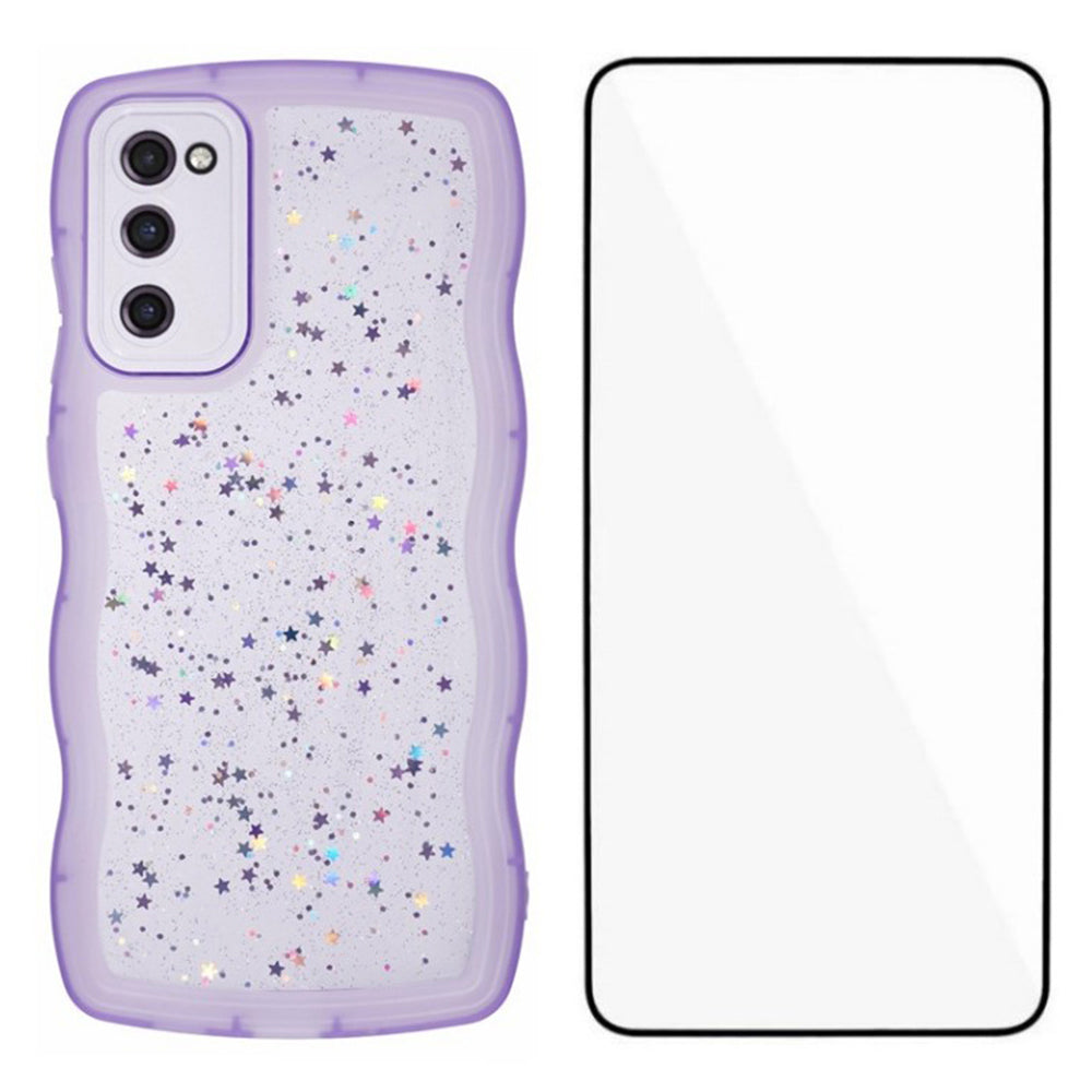 WANLONFENG JWT Series for Samsung Galaxy S20 FE 5G  /  4G  /  S20 FE 2022 TPU Case Epoxy Phone Cover Wavy Edge with Tempered Glass - Transparent Purple