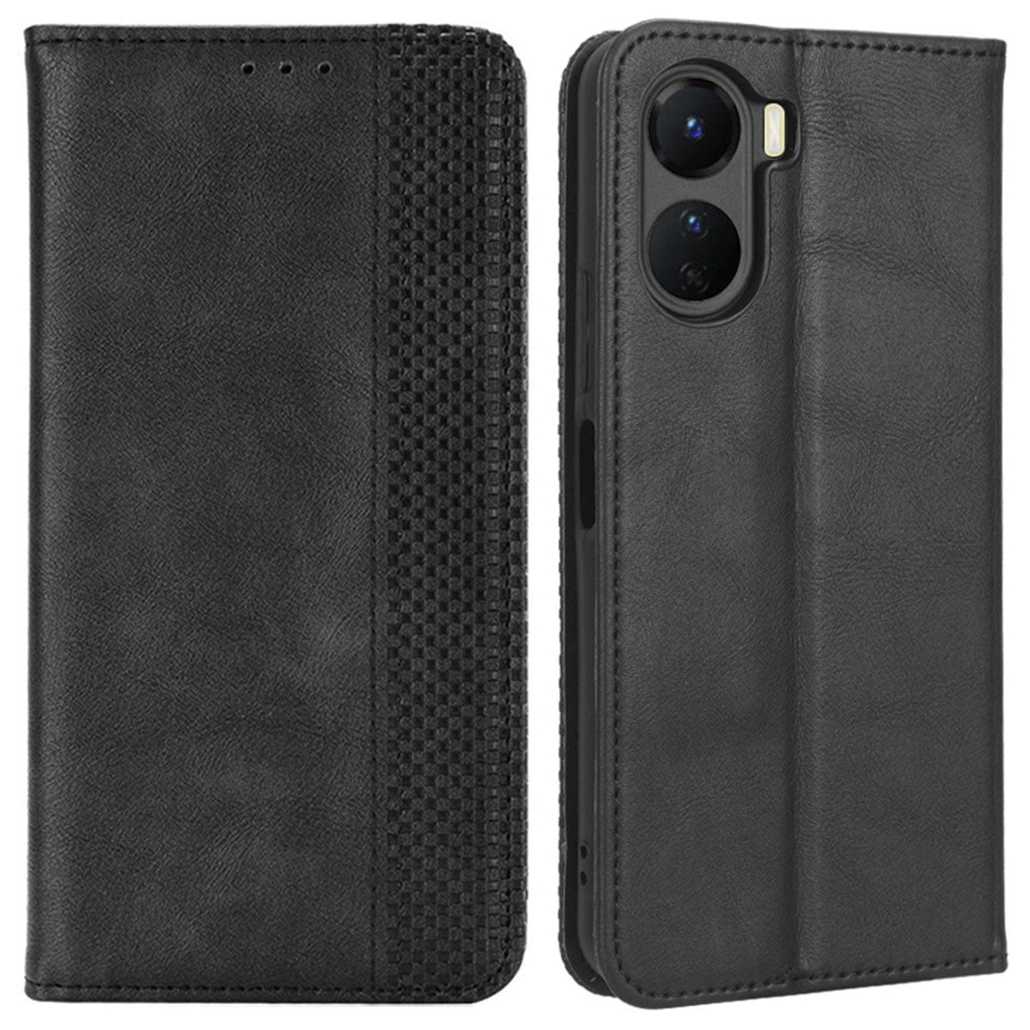 For vivo Y16 4G / Y02s 4G / Y35 5G / Y35m 5G / Y53t 5G / Y56 5G / iQOO Z7i / T2x (India) 5G Magnetic Auto-Closing PU Leather Drop-proof Case Imprint Pattern Vintage Phone Wallet Stand Cover - Black