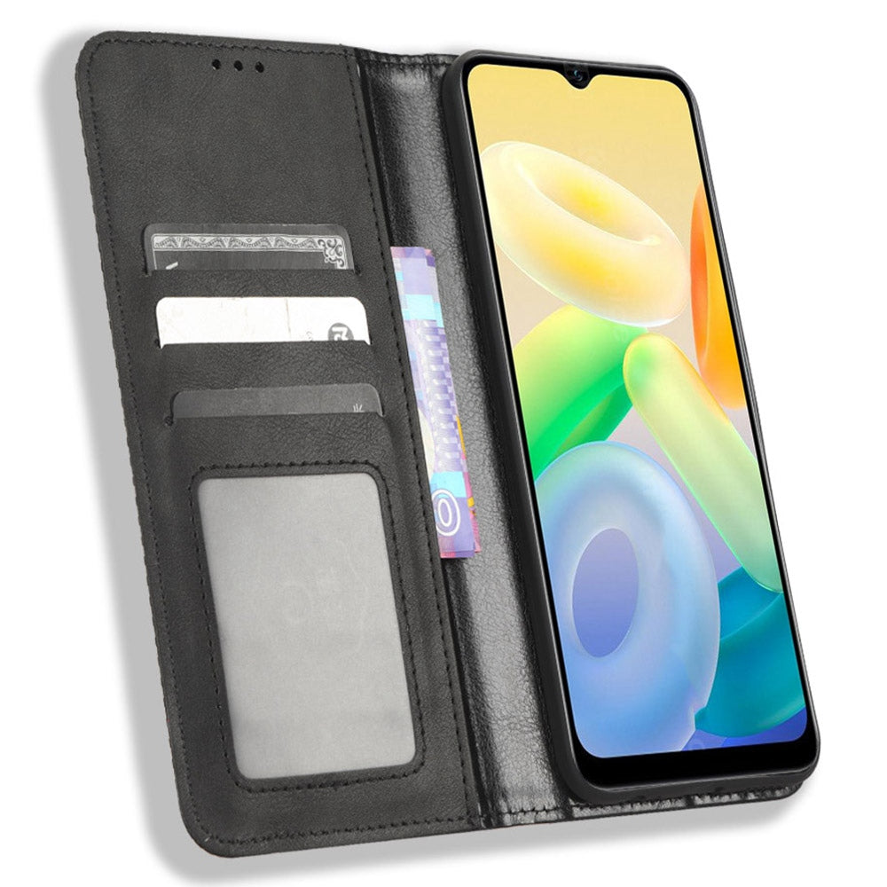 For vivo Y16 4G / Y02s 4G / Y35 5G / Y35m 5G / Y53t 5G / Y56 5G / iQOO Z7i / T2x (India) 5G Magnetic Auto-Closing PU Leather Drop-proof Case Imprint Pattern Vintage Phone Wallet Stand Cover - Black