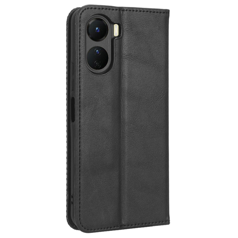 For vivo Y16 4G / Y02s 4G / Y35 5G / Y35m 5G / Y53t 5G / Y56 5G / iQOO Z7i / T2x (India) 5G Magnetic Auto-Closing PU Leather Drop-proof Case Imprint Pattern Vintage Phone Wallet Stand Cover - Black