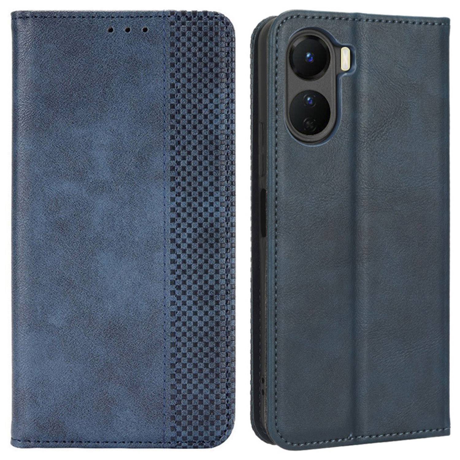 For vivo Y16 4G / Y02s 4G / Y35 5G / Y35m 5G / Y53t 5G / Y56 5G / iQOO Z7i / T2x (India) 5G Magnetic Auto-Closing PU Leather Drop-proof Case Imprint Pattern Vintage Phone Wallet Stand Cover - Blue