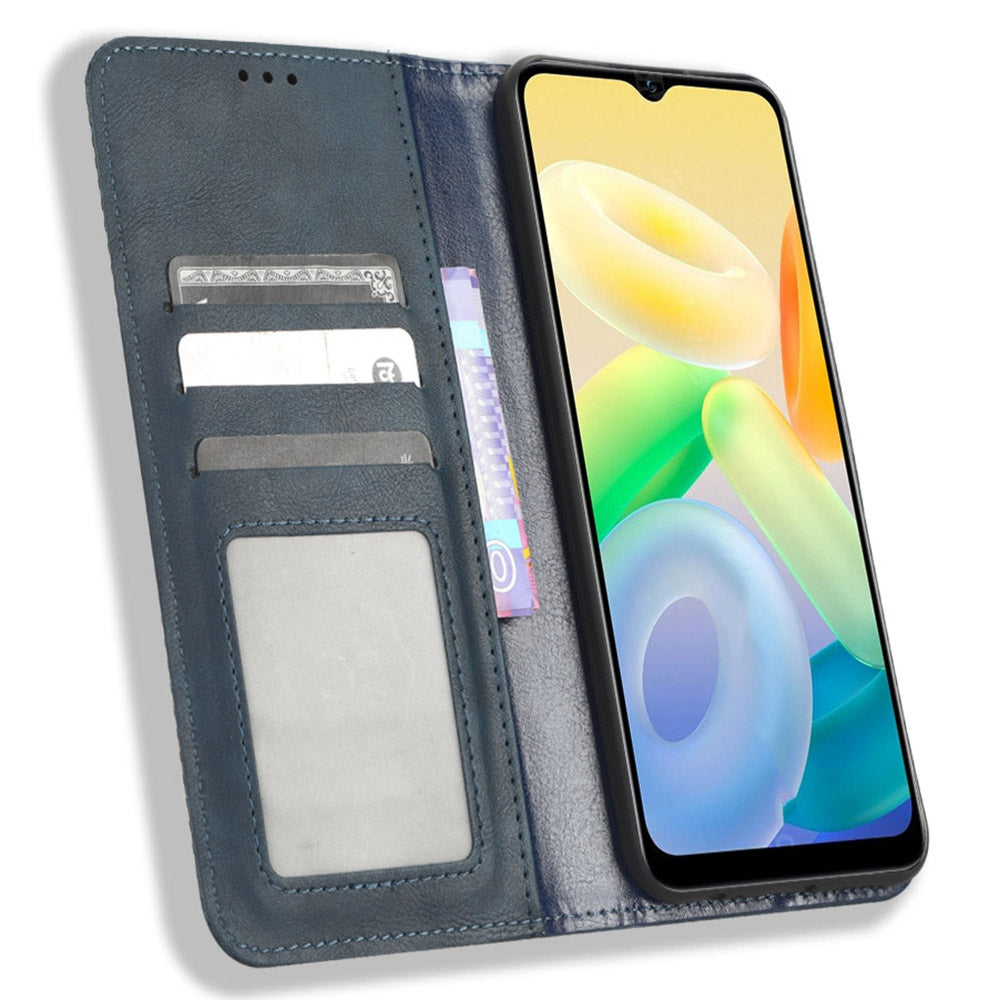 For vivo Y16 4G / Y02s 4G / Y35 5G / Y35m 5G / Y53t 5G / Y56 5G / iQOO Z7i / T2x (India) 5G Magnetic Auto-Closing PU Leather Drop-proof Case Imprint Pattern Vintage Phone Wallet Stand Cover - Blue