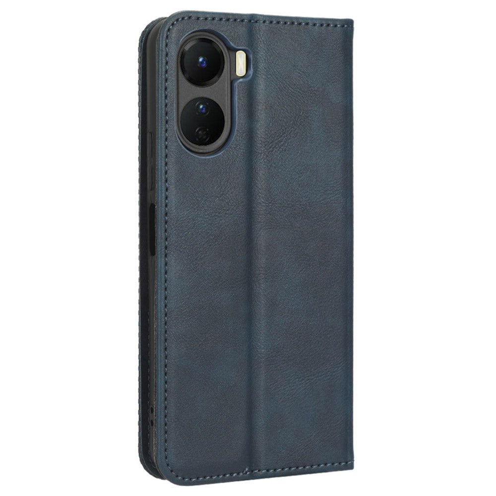 For vivo Y16 4G / Y02s 4G / Y35 5G / Y35m 5G / Y53t 5G / Y56 5G / iQOO Z7i / T2x (India) 5G Magnetic Auto-Closing PU Leather Drop-proof Case Imprint Pattern Vintage Phone Wallet Stand Cover - Blue