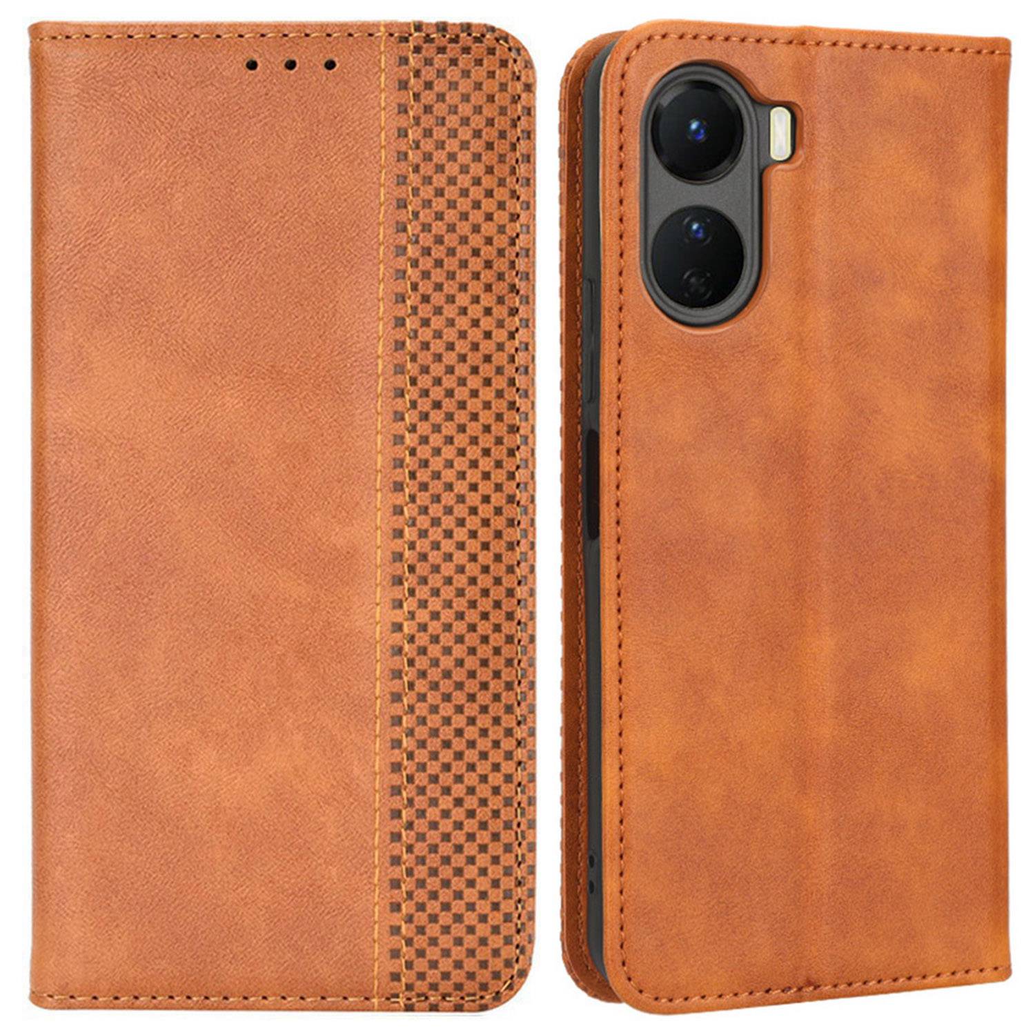 For vivo Y16 4G / Y02s 4G / Y35 5G / Y35m 5G / Y53t 5G / Y56 5G / iQOO Z7i / T2x (India) 5G Magnetic Auto-Closing PU Leather Drop-proof Case Imprint Pattern Vintage Phone Wallet Stand Cover - Brown