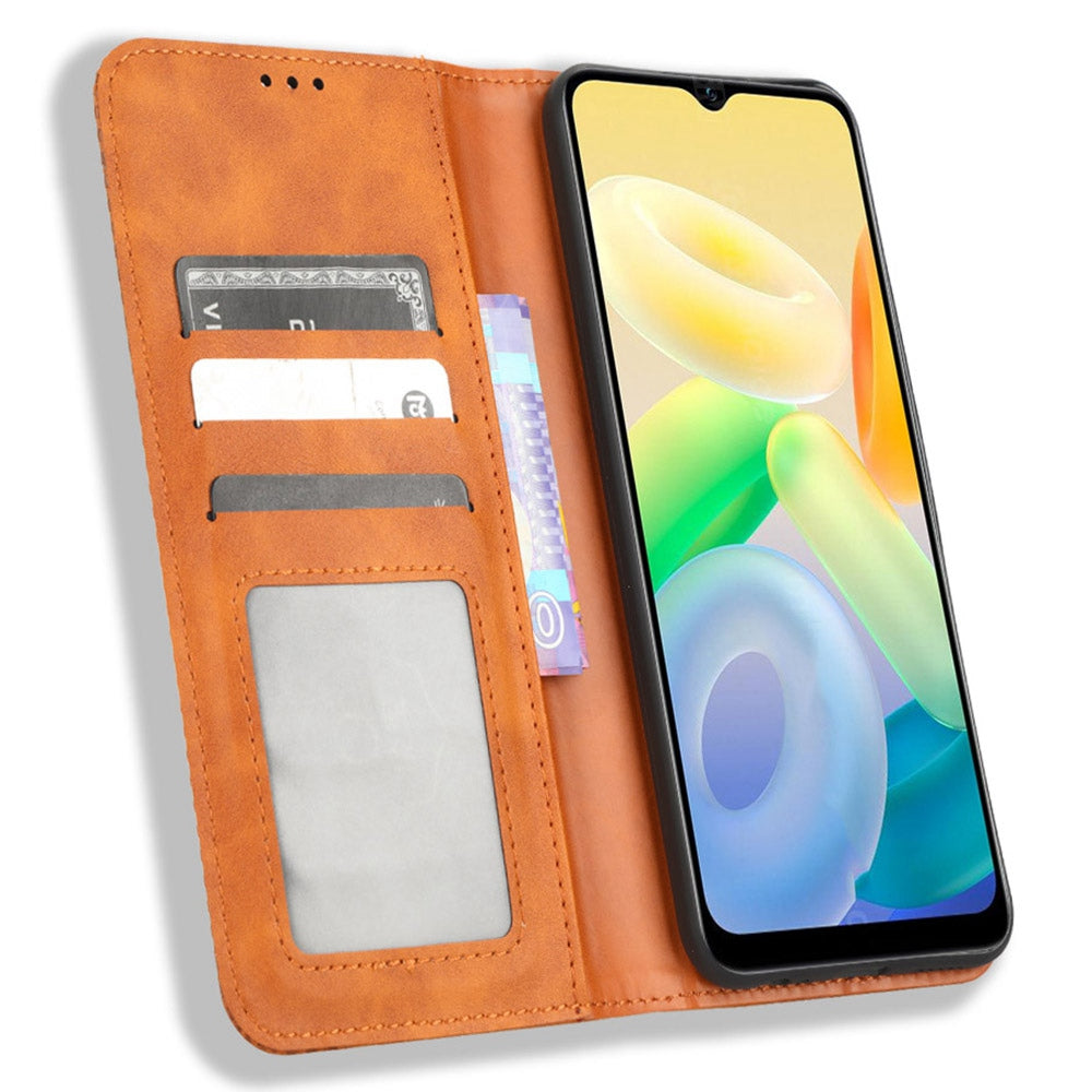 For vivo Y16 4G / Y02s 4G / Y35 5G / Y35m 5G / Y53t 5G / Y56 5G / iQOO Z7i / T2x (India) 5G Magnetic Auto-Closing PU Leather Drop-proof Case Imprint Pattern Vintage Phone Wallet Stand Cover - Brown