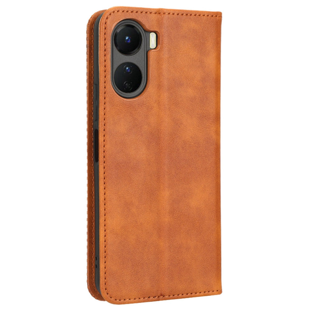 For vivo Y16 4G / Y02s 4G / Y35 5G / Y35m 5G / Y53t 5G / Y56 5G / iQOO Z7i / T2x (India) 5G Magnetic Auto-Closing PU Leather Drop-proof Case Imprint Pattern Vintage Phone Wallet Stand Cover - Brown