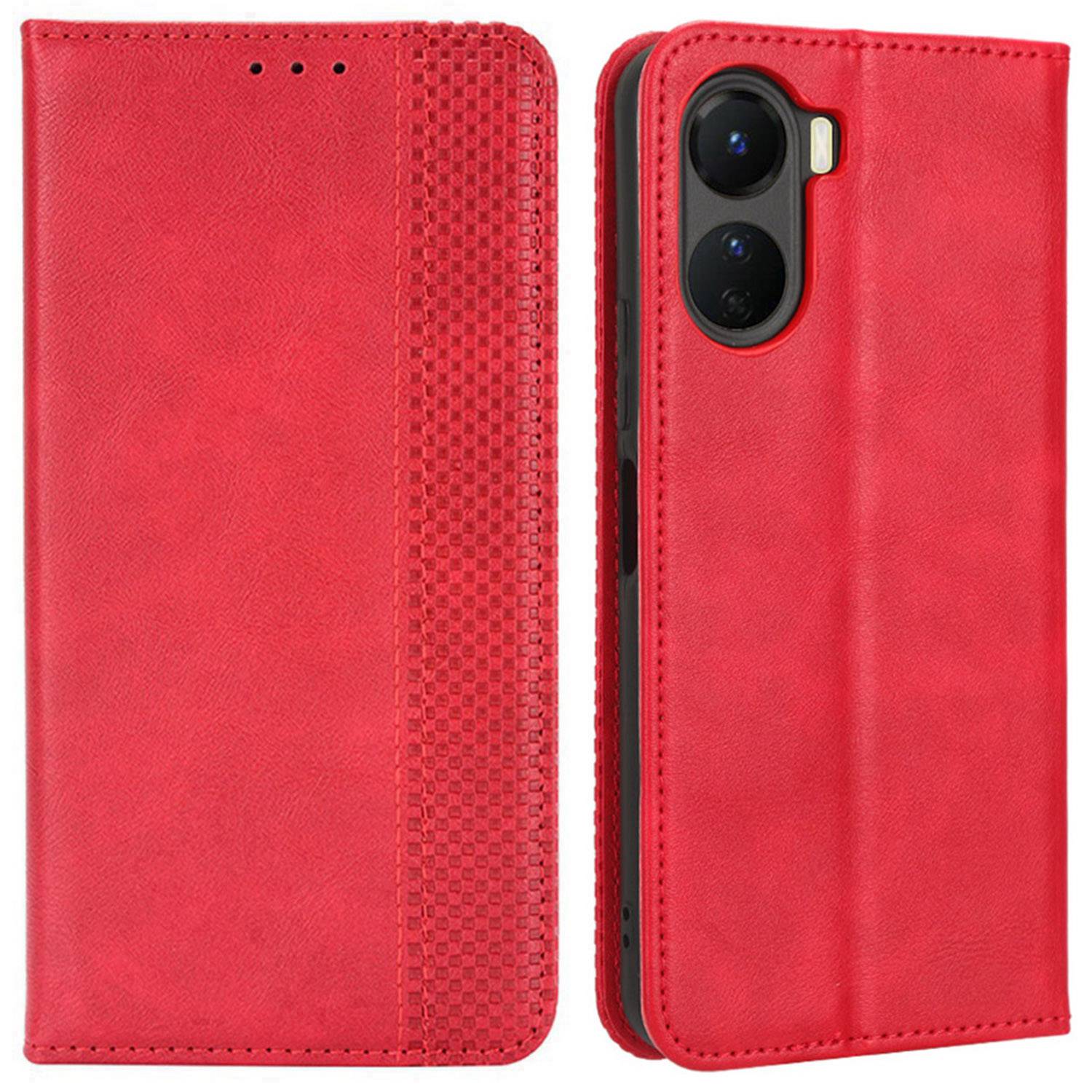 For vivo Y16 4G / Y02s 4G / Y35 5G / Y35m 5G / Y53t 5G / Y56 5G / iQOO Z7i / T2x (India) 5G Magnetic Auto-Closing PU Leather Drop-proof Case Imprint Pattern Vintage Phone Wallet Stand Cover - Red