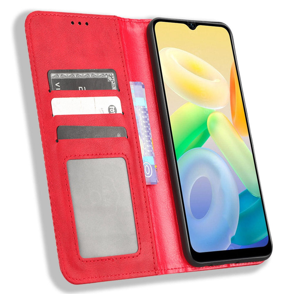 For vivo Y16 4G / Y02s 4G / Y35 5G / Y35m 5G / Y53t 5G / Y56 5G / iQOO Z7i / T2x (India) 5G Magnetic Auto-Closing PU Leather Drop-proof Case Imprint Pattern Vintage Phone Wallet Stand Cover - Red