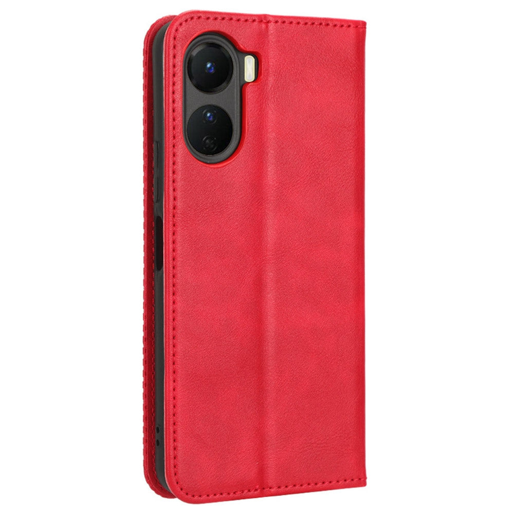 For vivo Y16 4G / Y02s 4G / Y35 5G / Y35m 5G / Y53t 5G / Y56 5G / iQOO Z7i / T2x (India) 5G Magnetic Auto-Closing PU Leather Drop-proof Case Imprint Pattern Vintage Phone Wallet Stand Cover - Red