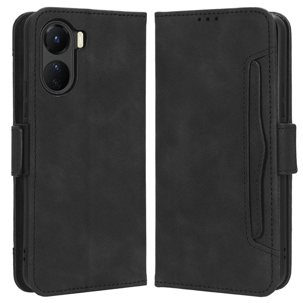 For vivo Y16 4G / Y02s 4G / Y35 5G / Y35m 5G / Y53t 5G / Y56 5G / iQOO Z7i / T2x (India) 5G Multiple Card Slots PU Leather Wallet Stand Cover Dual Magnetic Clasp Phone Shockproof Case - Black