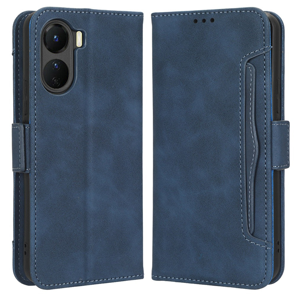 For vivo Y16 4G / Y02s 4G / Y35 5G / Y35m 5G / Y53t 5G / Y56 5G / iQOO Z7i / T2x (India) 5G Multiple Card Slots PU Leather Wallet Stand Cover Dual Magnetic Clasp Phone Shockproof Case - Blue