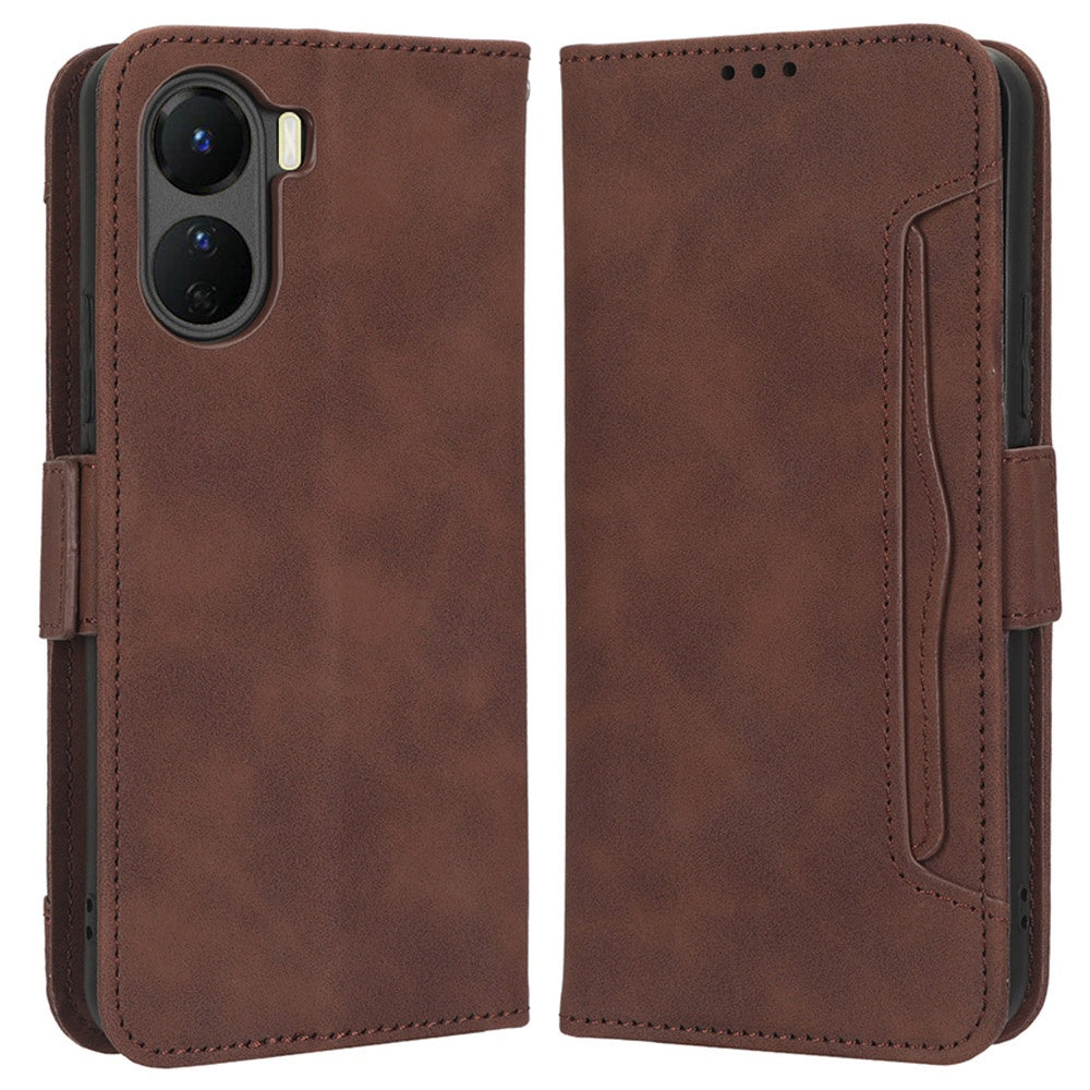 For vivo Y16 4G / Y02s 4G / Y35 5G / Y35m 5G / Y53t 5G / Y56 5G / iQOO Z7i / T2x (India) 5G Multiple Card Slots PU Leather Wallet Stand Cover Dual Magnetic Clasp Phone Shockproof Case - Brown