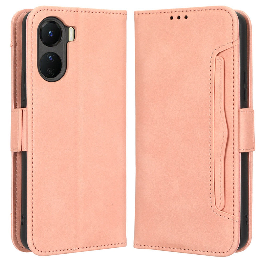 For vivo Y16 4G / Y02s 4G / Y35 5G / Y35m 5G / Y53t 5G / Y56 5G / iQOO Z7i / T2x (India) 5G Multiple Card Slots PU Leather Wallet Stand Cover Dual Magnetic Clasp Phone Shockproof Case - Pink