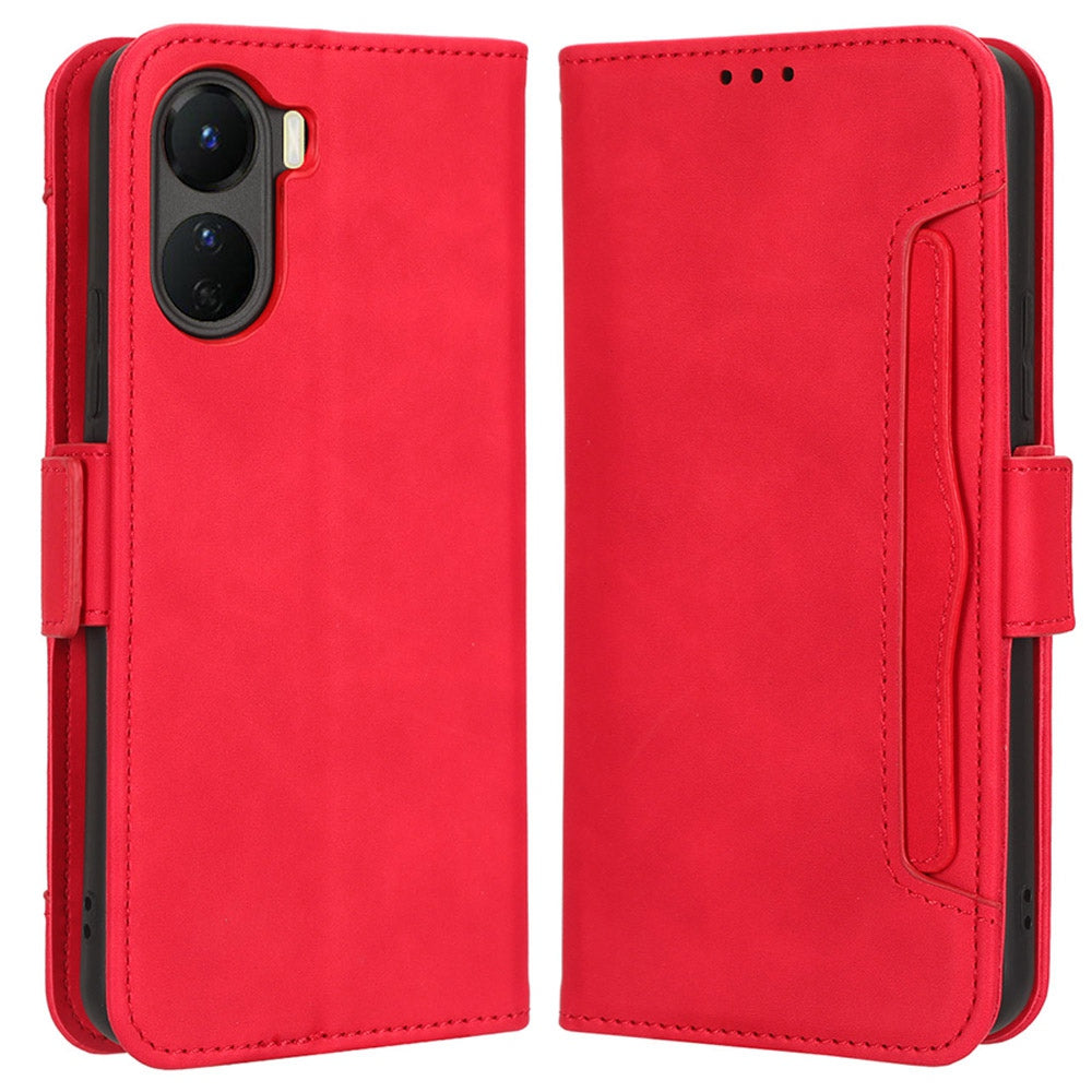 For vivo Y16 4G / Y02s 4G / Y35 5G / Y35m 5G / Y53t 5G / Y56 5G / iQOO Z7i / T2x (India) 5G Multiple Card Slots PU Leather Wallet Stand Cover Dual Magnetic Clasp Phone Shockproof Case - Red