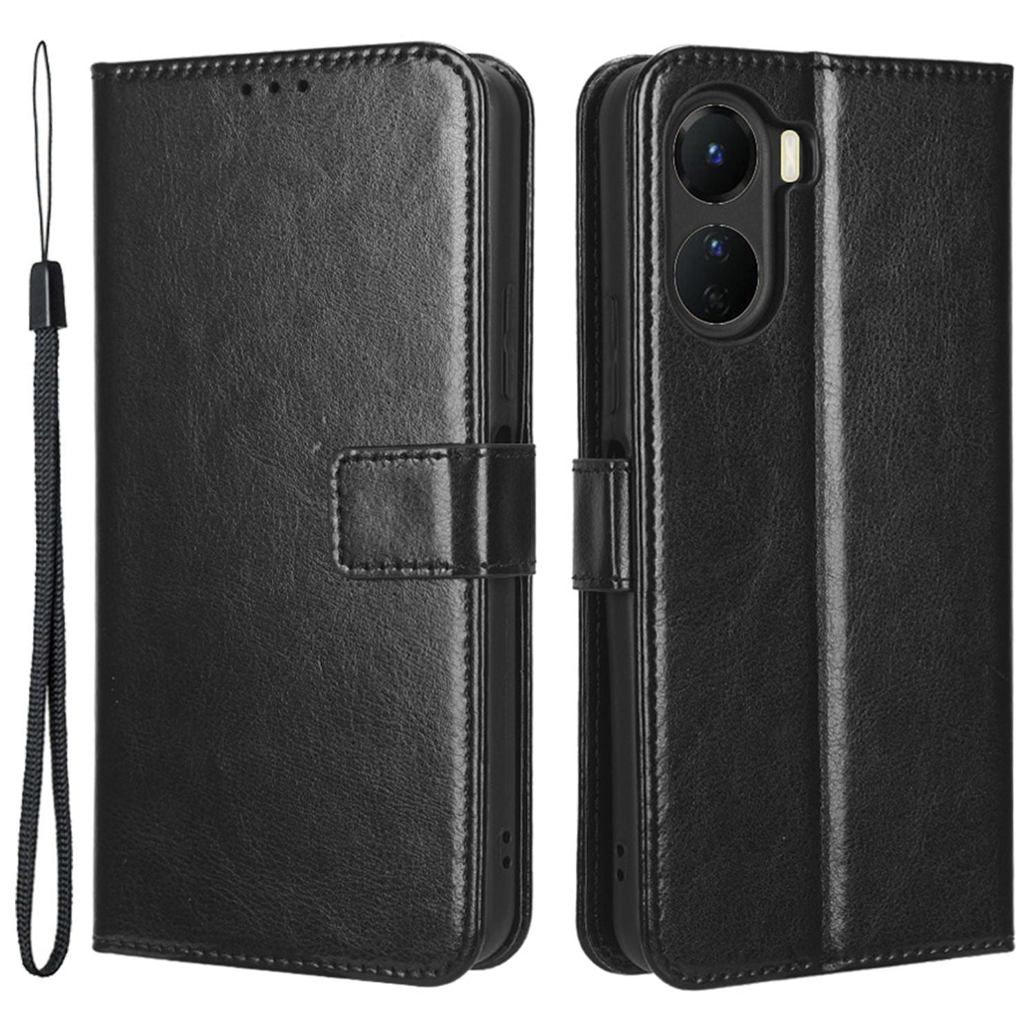 For vivo Y16 4G / Y02s 4G / Y35 5G / Y35m 5G / Y53t 5G / Y56 5G / iQOO Z7i / T2x (India) 5G Crazy Horse Texture PU Leather Anti-drop Anti-scratch Case Flip Stand Phone Wallet Cover - Black