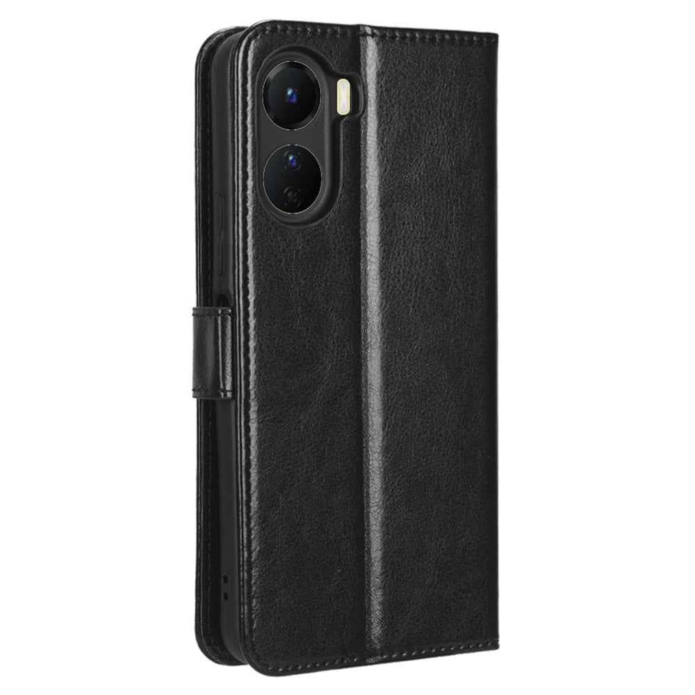 For vivo Y16 4G / Y02s 4G / Y35 5G / Y35m 5G / Y53t 5G / Y56 5G / iQOO Z7i / T2x (India) 5G Crazy Horse Texture PU Leather Anti-drop Anti-scratch Case Flip Stand Phone Wallet Cover - Black