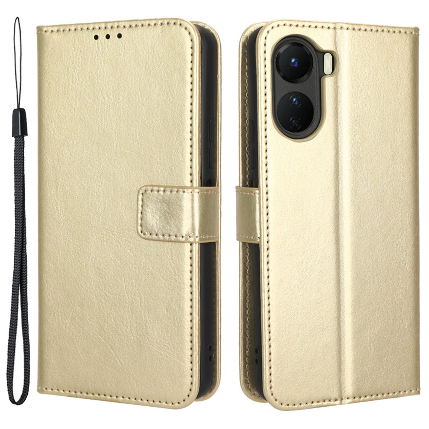 For vivo Y16 4G / Y02s 4G / Y35 5G / Y35m 5G / Y53t 5G / Y56 5G / iQOO Z7i / T2x (India) 5G Crazy Horse Texture PU Leather Anti-drop Anti-scratch Case Flip Stand Phone Wallet Cover - Gold