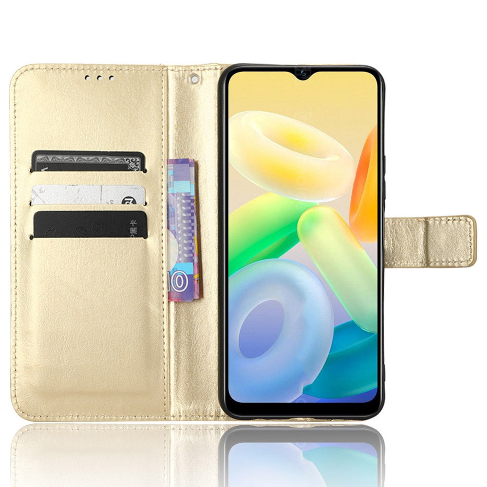 For vivo Y16 4G / Y02s 4G / Y35 5G / Y35m 5G / Y53t 5G / Y56 5G / iQOO Z7i / T2x (India) 5G Crazy Horse Texture PU Leather Anti-drop Anti-scratch Case Flip Stand Phone Wallet Cover - Gold