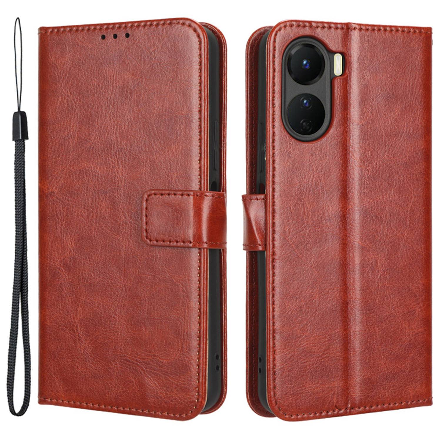 For vivo Y16 4G / Y02s 4G / Y35 5G / Y35m 5G / Y53t 5G / Y56 5G / iQOO Z7i / T2x (India) 5G Crazy Horse Texture PU Leather Anti-drop Anti-scratch Case Flip Stand Phone Wallet Cover - Brown