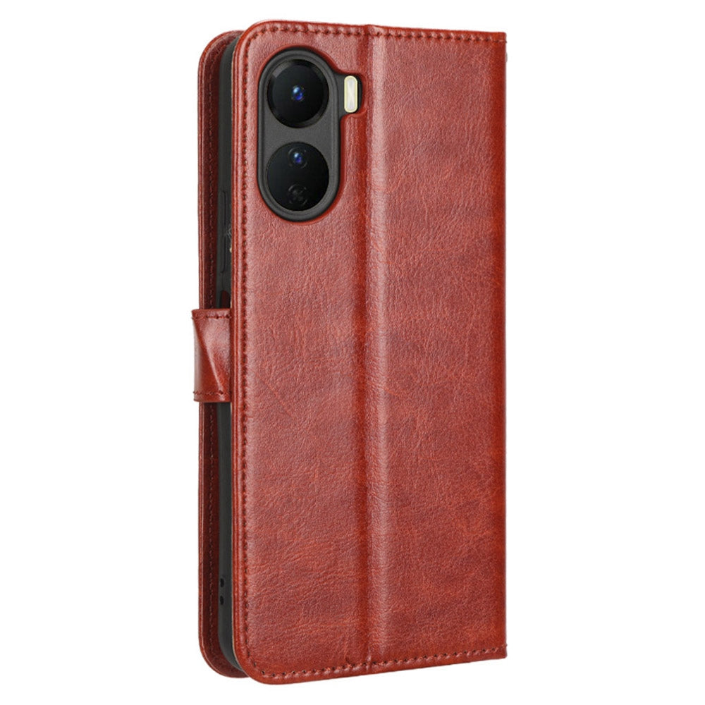 For vivo Y16 4G / Y02s 4G / Y35 5G / Y35m 5G / Y53t 5G / Y56 5G / iQOO Z7i / T2x (India) 5G Crazy Horse Texture PU Leather Anti-drop Anti-scratch Case Flip Stand Phone Wallet Cover - Brown